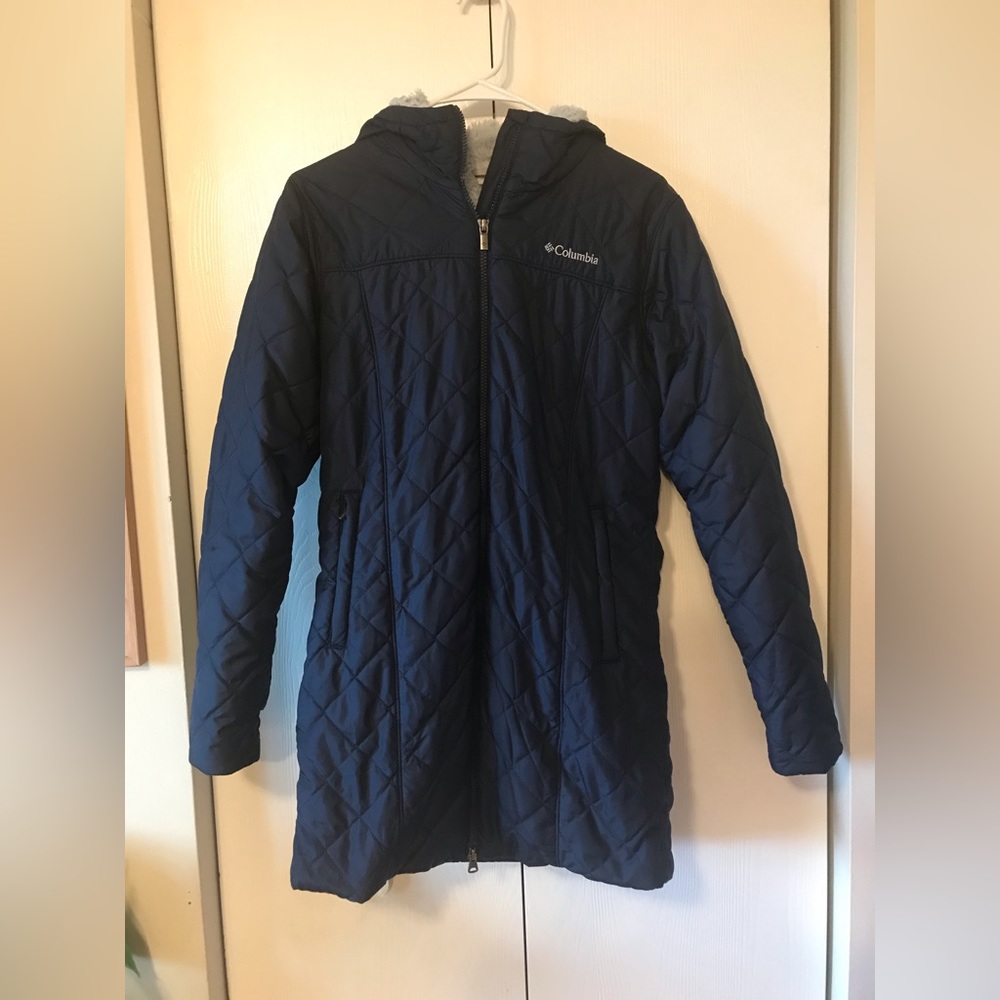 Women’s Small Navy Quilted Winter Jacket with Faux Fur Lining